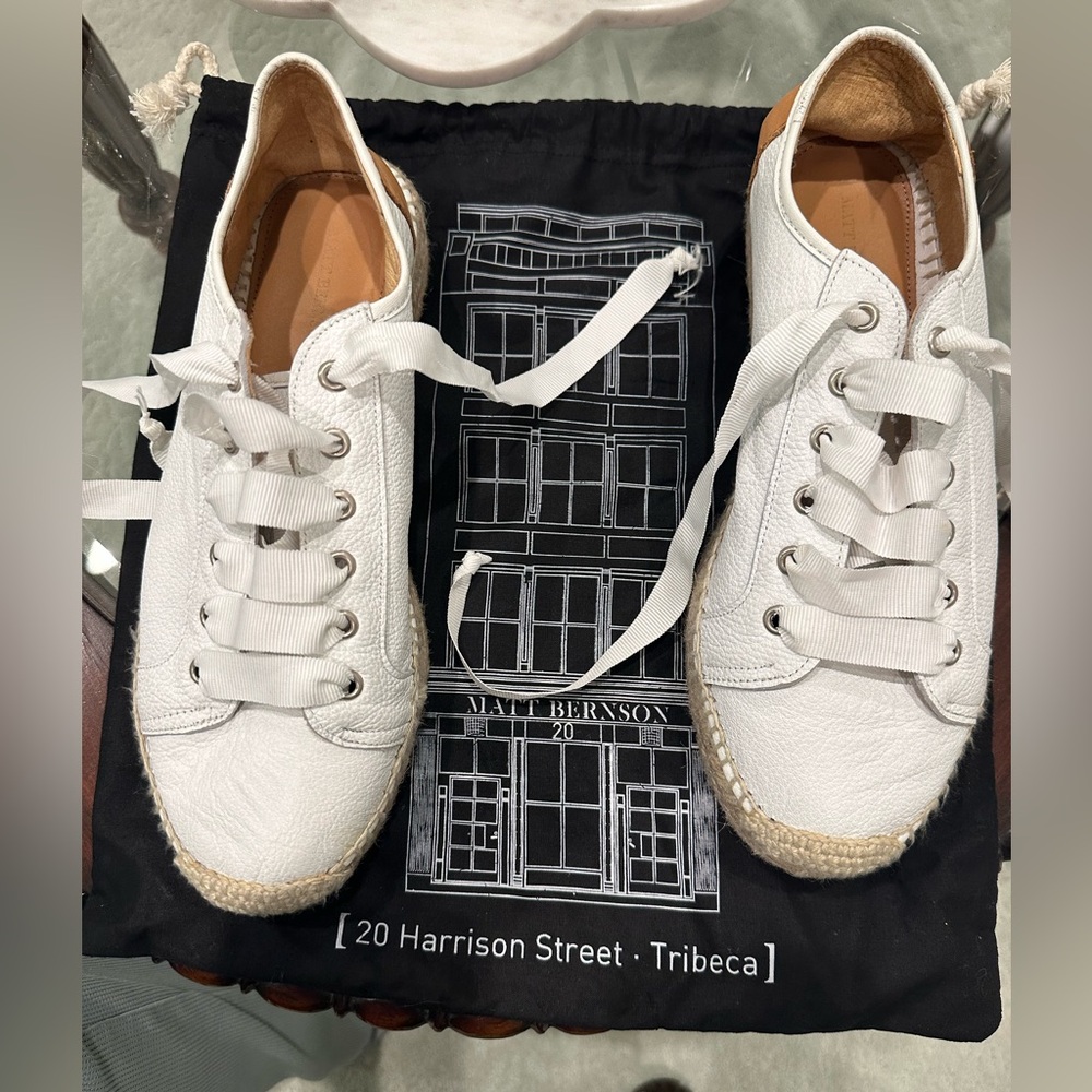 Matt Bernson White Leather Espadrille-Trim Sneakers with Ribbon Laces